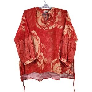 New With Tags Krista Larson Peasant Shirt LS Linen Scarlet Roses Lagenlook Red